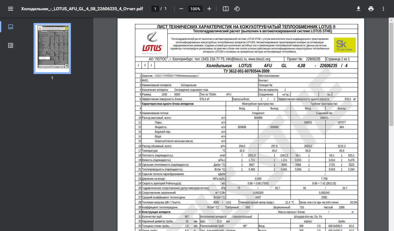 LOTUS STHE: Раздел "Автоматически сгенерированный теплогидравлический отчет"